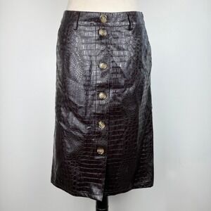 Rachel Comey Brown Croc Embossed Faux Leather Midi Skirt Buttons Zipper Size 4